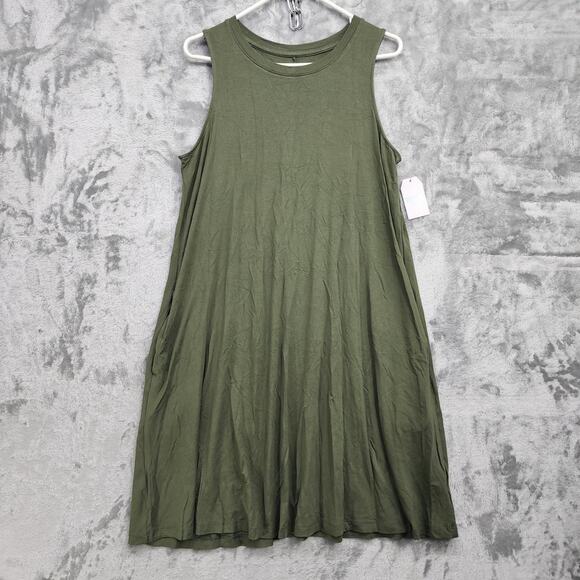 NEW Time and Tru Dress Womens L Green Sleeveless Stretch Knit Swing Pockets - Picture 1 of 11